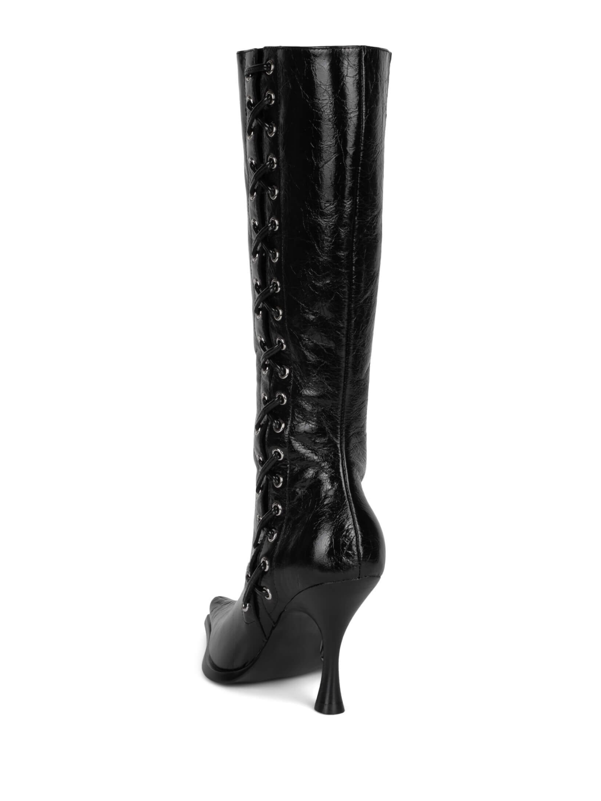 Black Vegan Leather Pointed-Toe Lace-Up Full-Zip Mid Calf Stiletto Boots