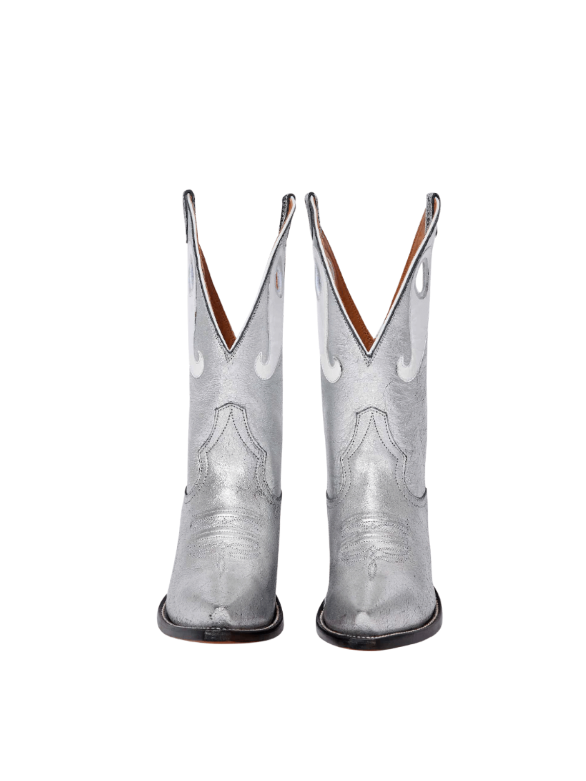 Metallic Silver Cutout Snip-Toe Wide Mid Calf Cowgirl Boots With White Paisley