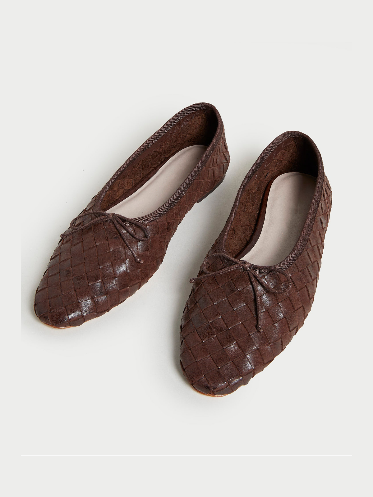 Chocolate Almond-Toe Bow Woven Ballet Flats