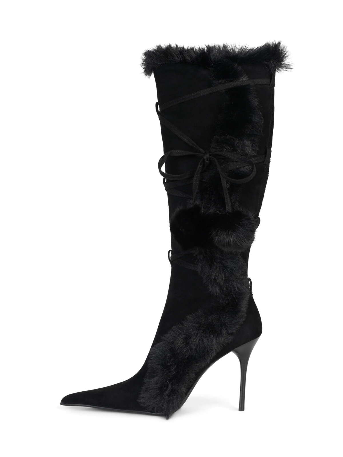 Black Faux Suede Pointed-Toe Full-Zip Mid Calf Stiletto Boots With Wrap-Around And Plush