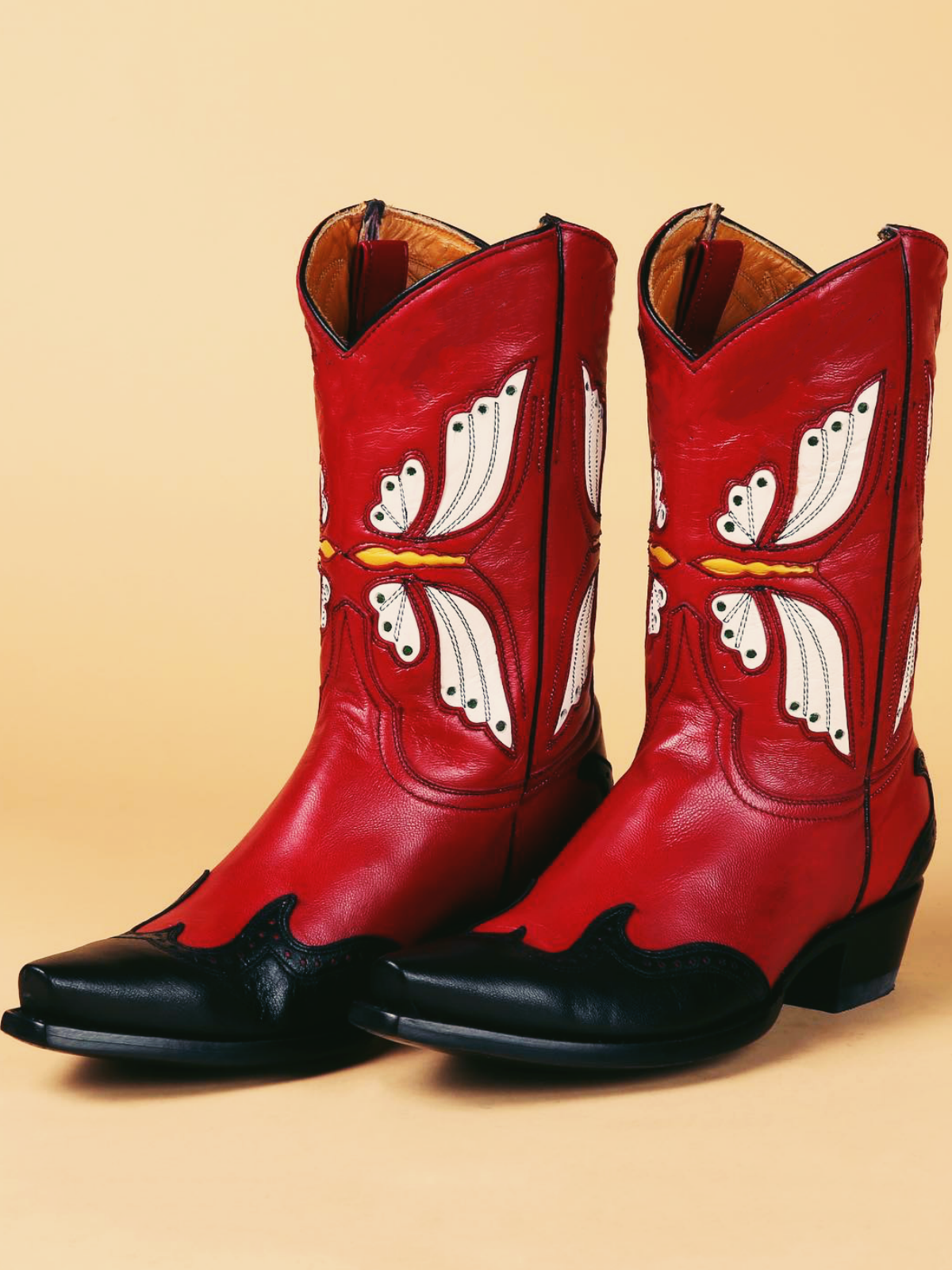 Red Snip-Toe Applique Wide Mid Calf Cowgirl Boots With White Butterfly Inlay