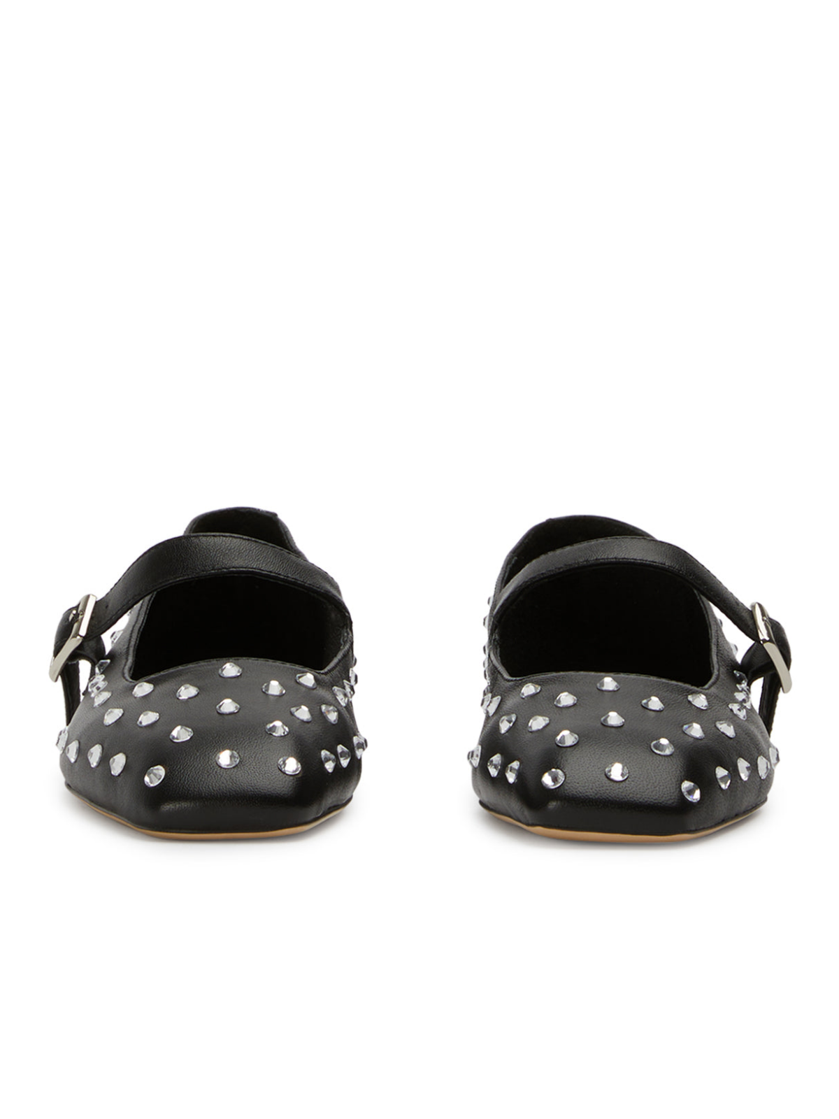 Black Sparkle Rhinestone Square-Toe Ballet Flats Mary Janes With Buckled Strap