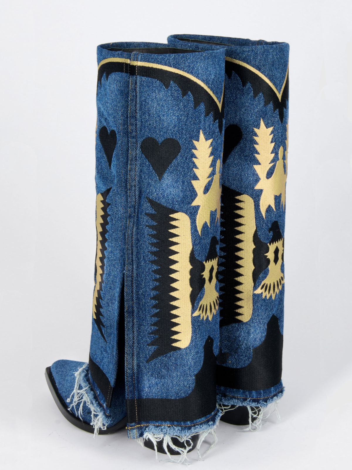 Blue Denim Fold-Over Panel Embroidered With Eagle And Heart Wide Mid Calf Boots