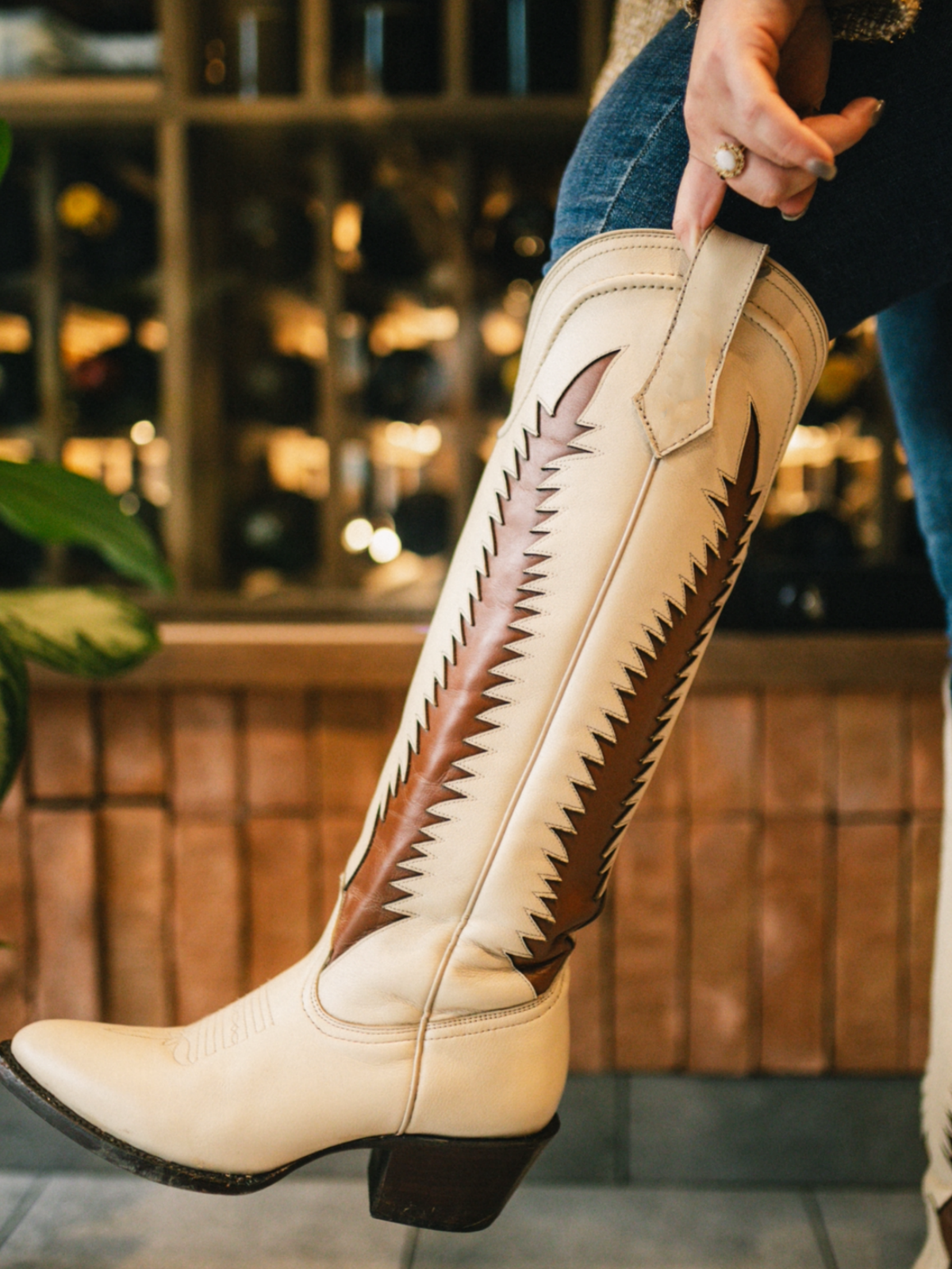 Tan Inlay Almond-Toe Wide Calf Knee High Tall Cowgirl Boots - Ivory