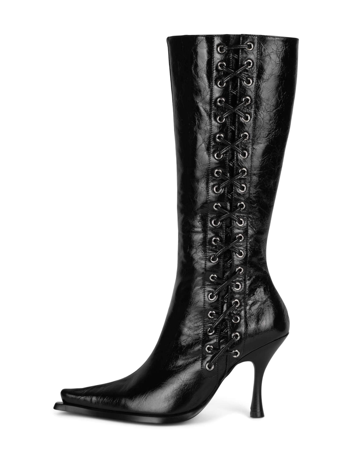 Black Vegan Leather Pointed-Toe Lace-Up Full-Zip Mid Calf Stiletto Boots