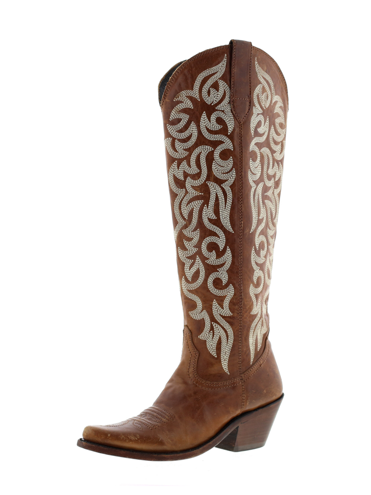 Embroidery Almond-Toe Full-Zip Knee High Tall Cowgirl Boots - Brown