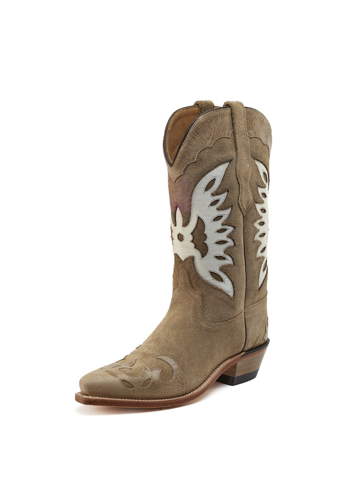 Sand Faux Suede Eagle Embroidery Snip-Toe Mid Calf Cowgirl Boots