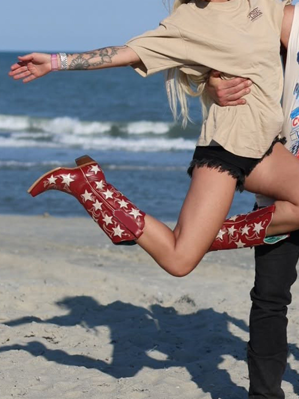 Red Snip-Toe Chic Stars Inlay With Embroidery Mid Calf Cowgirl Boots