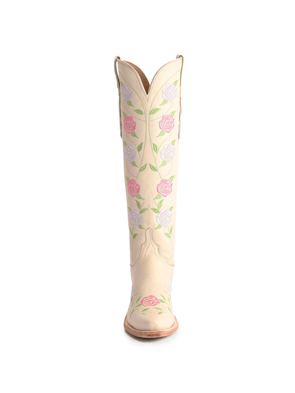 Cream Snip-Toe Rose Embroidery Wide Calf Knee High Cowgirl Boots