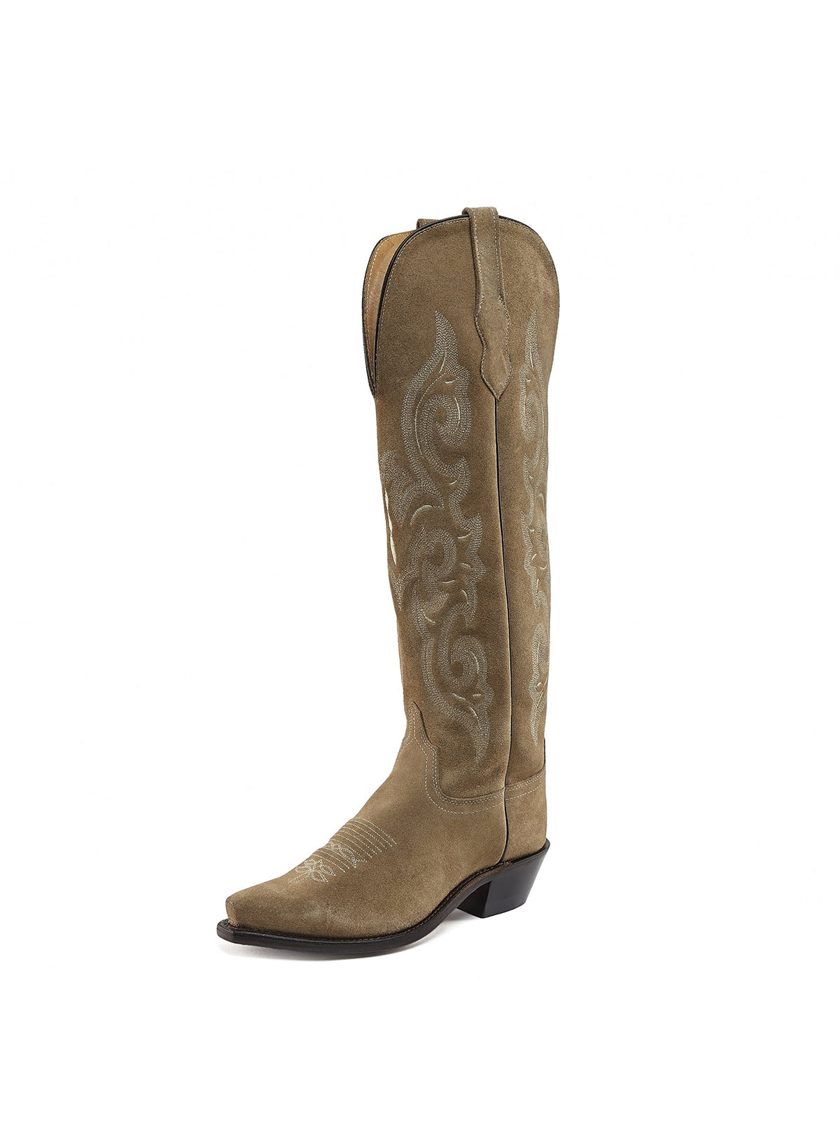 Cream Faux Suede Embroidery Tall Snip-Toe Knee High Cowgirl Boots