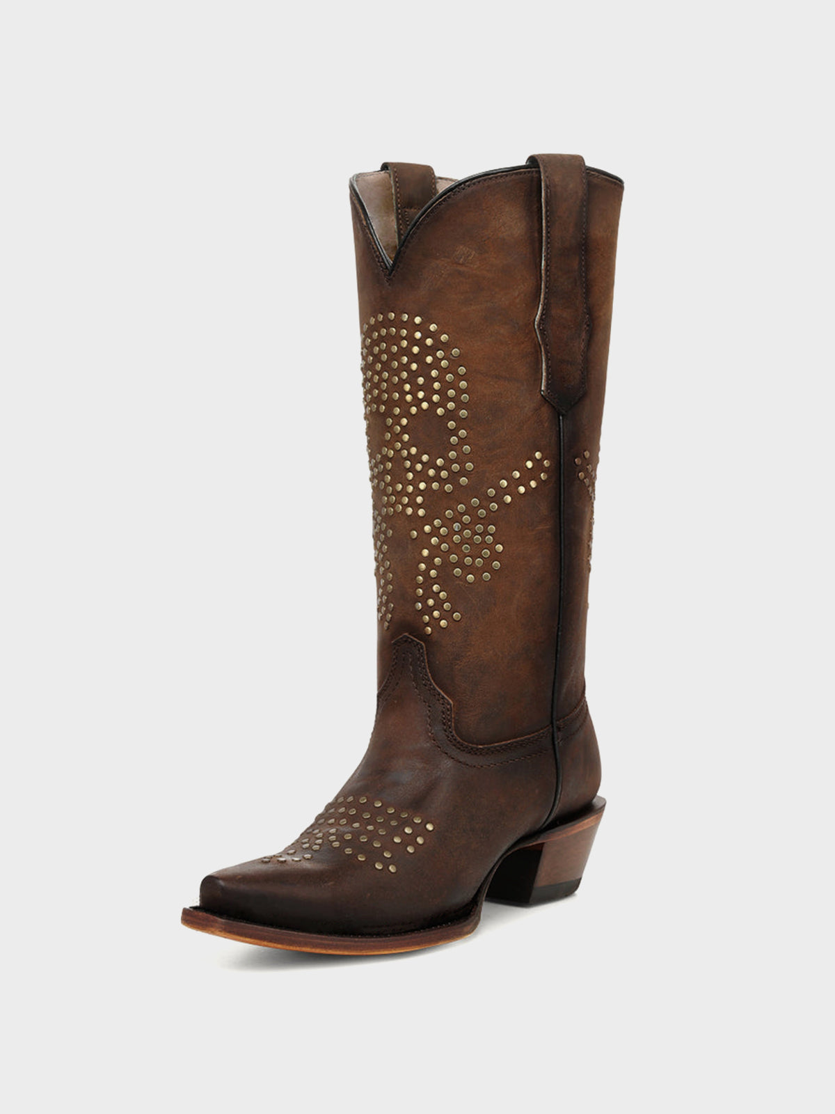 Brown Snip-Toe Skull Design With Studs Mid Calf Cowgirl Boots