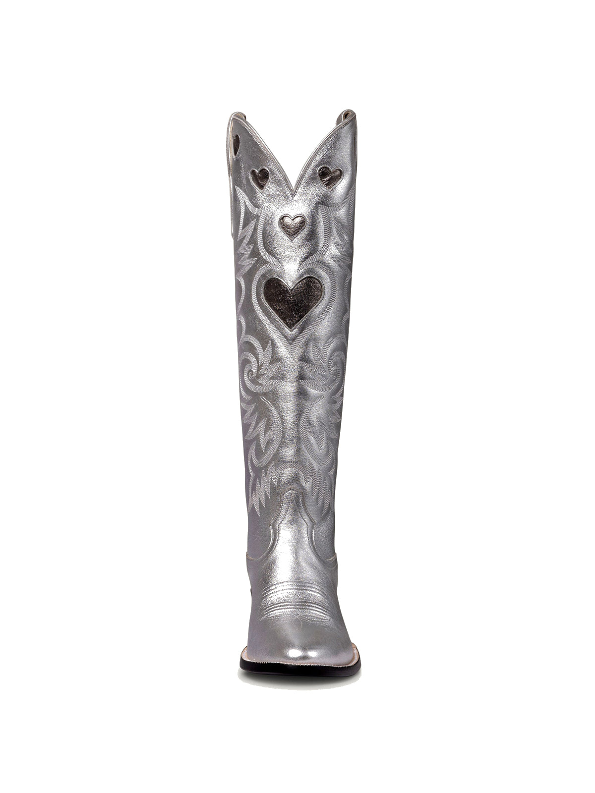 Metallic Silver Round-Toe Chic Hearts Inlay Wide Calf Knee High Cowgirl Boots