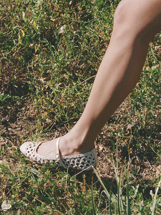 Ivory Woven Vegan Leather Square-Toe Chic Mary Jane Flats