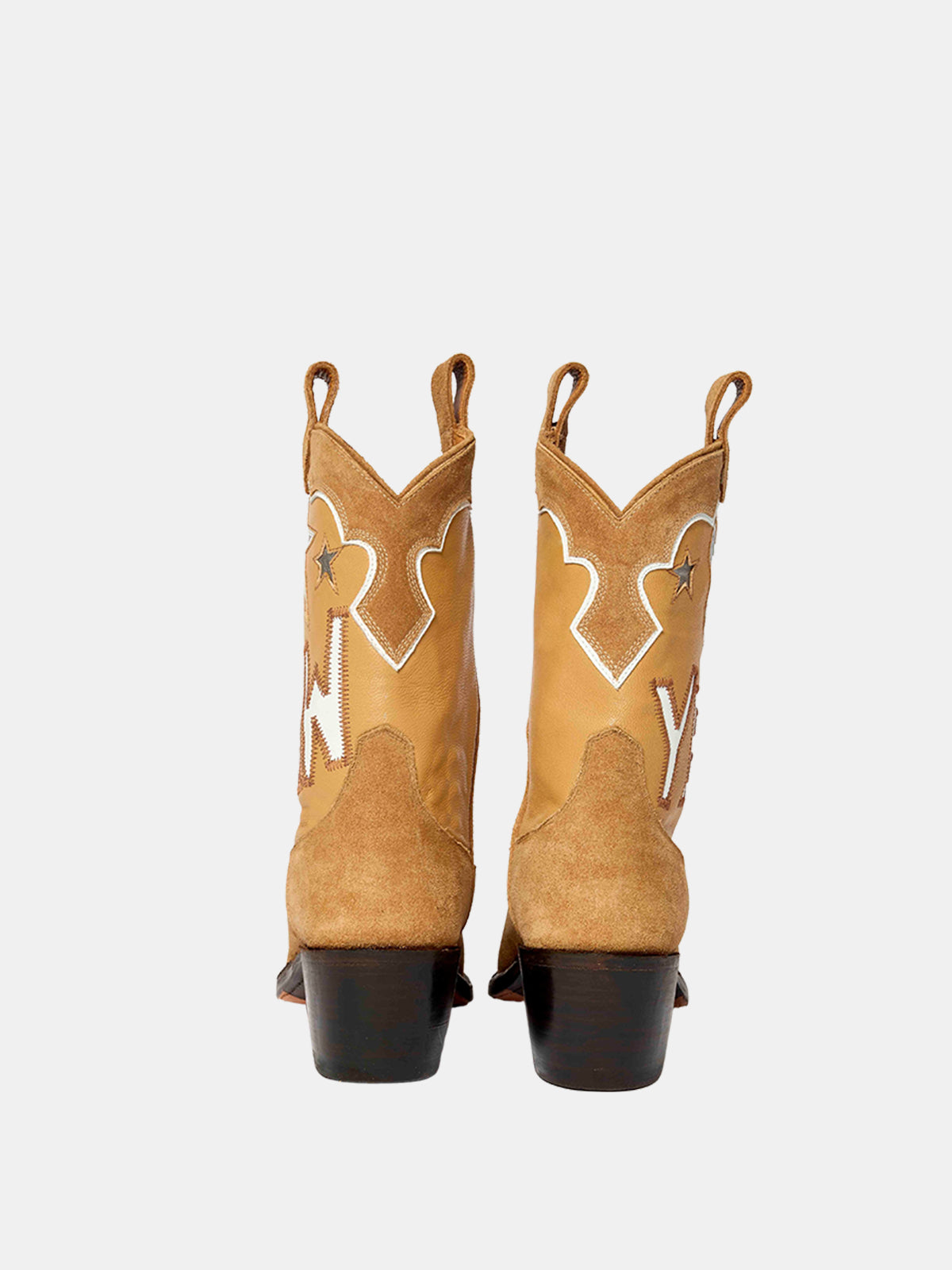 Tan Faux Suede And Vegan Leather Metallic Heart Star Inlay And Letter Inlay Mid Calf Cowgirl Boots