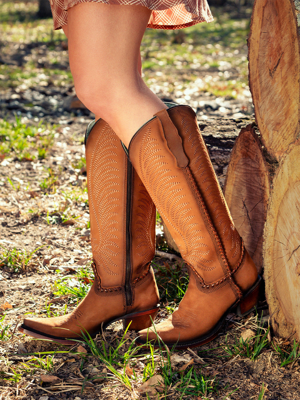 Dark Honey Snip-Toe Embroidery Side Woven Detail Full-Zip Knee High Cowgirl Boots