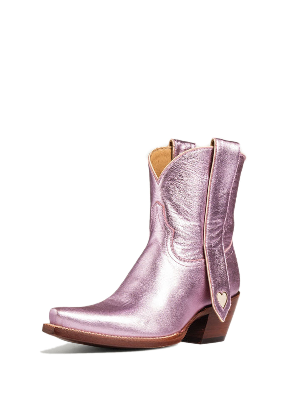 Metallic Pink Snip-Toe Long Ear Pull  With Heart Inlay Ankle Boots