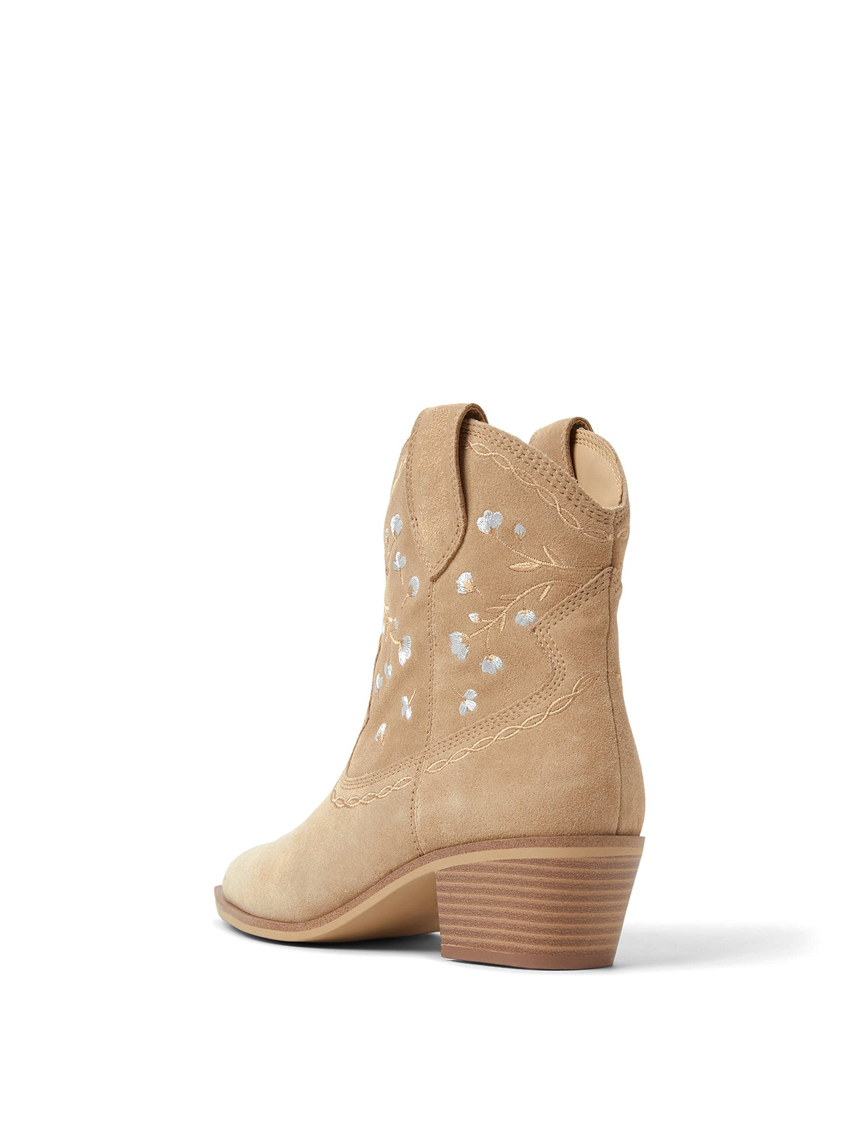Beige Faux Suede Almond-Toe Floral Embroidery Ankle Cowgirl Boots