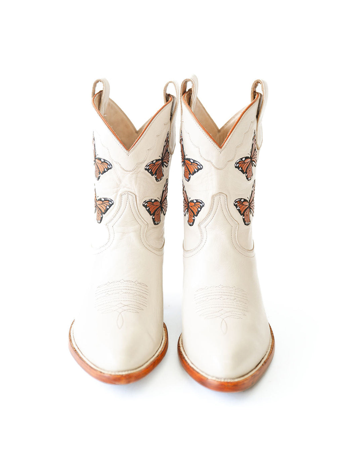 Bone Round-Toe Butterfly Embroidery Ankle Chic Cowgirl Boots