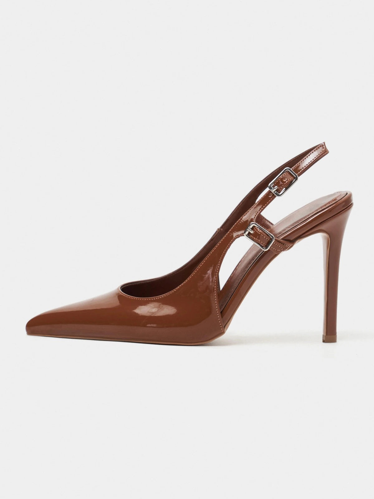 Patent Leather Pointed-Toe Buckle Back Strap Chic High Heels - Brown