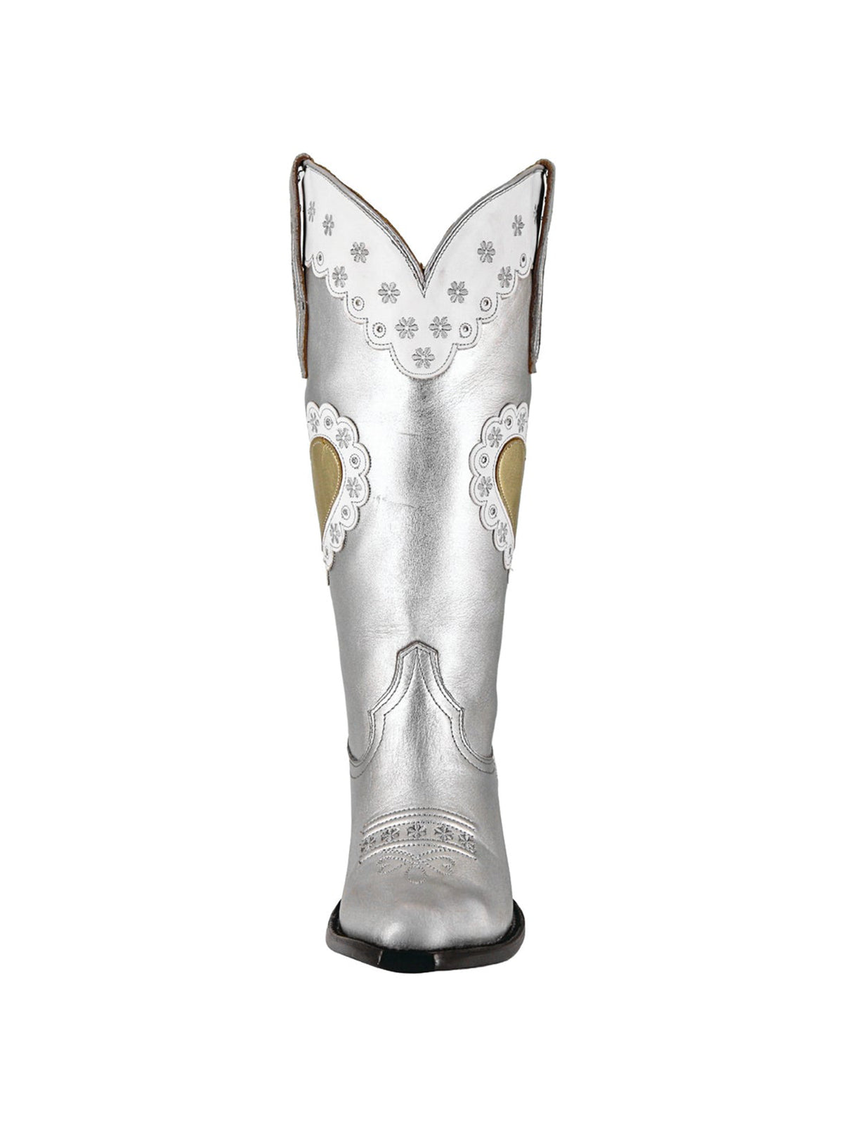 Metallic Silver Snip-Toe Heart Applique And Flowers Embroidery Mid Calf Cowgirl Boots