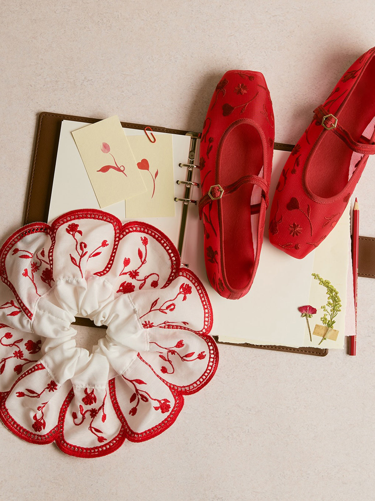 Mesh And Satin Square-Toe Floral Embroidery Mary Jane Flats - Red
