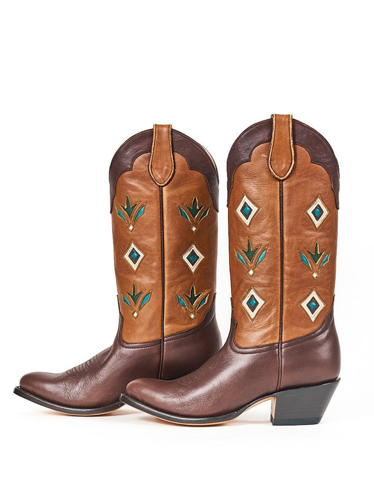 Contrast Brown And Chocolate Round-Toe Inlay Mid Calf Cowgirl Boots