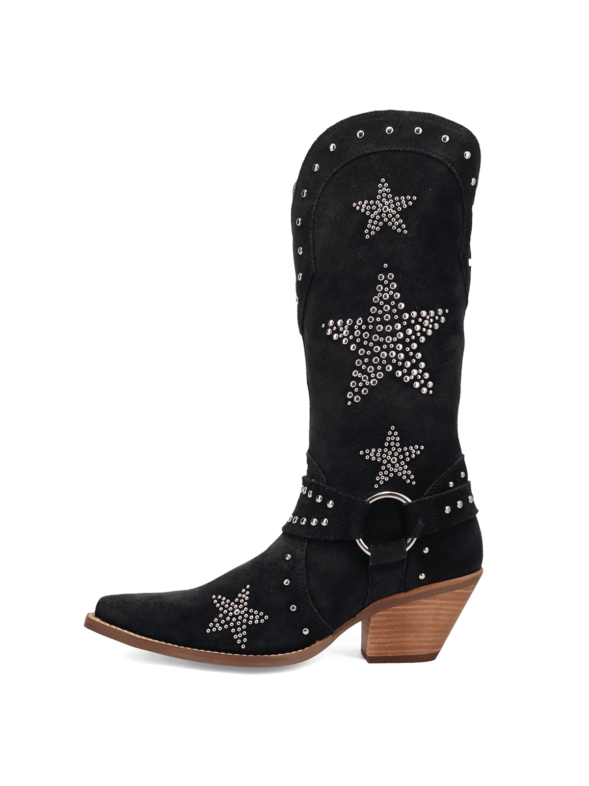 Black Faux Suede Snip-Toe Studded Stars Buckle Strap Mid Calf Cowgirl Boots