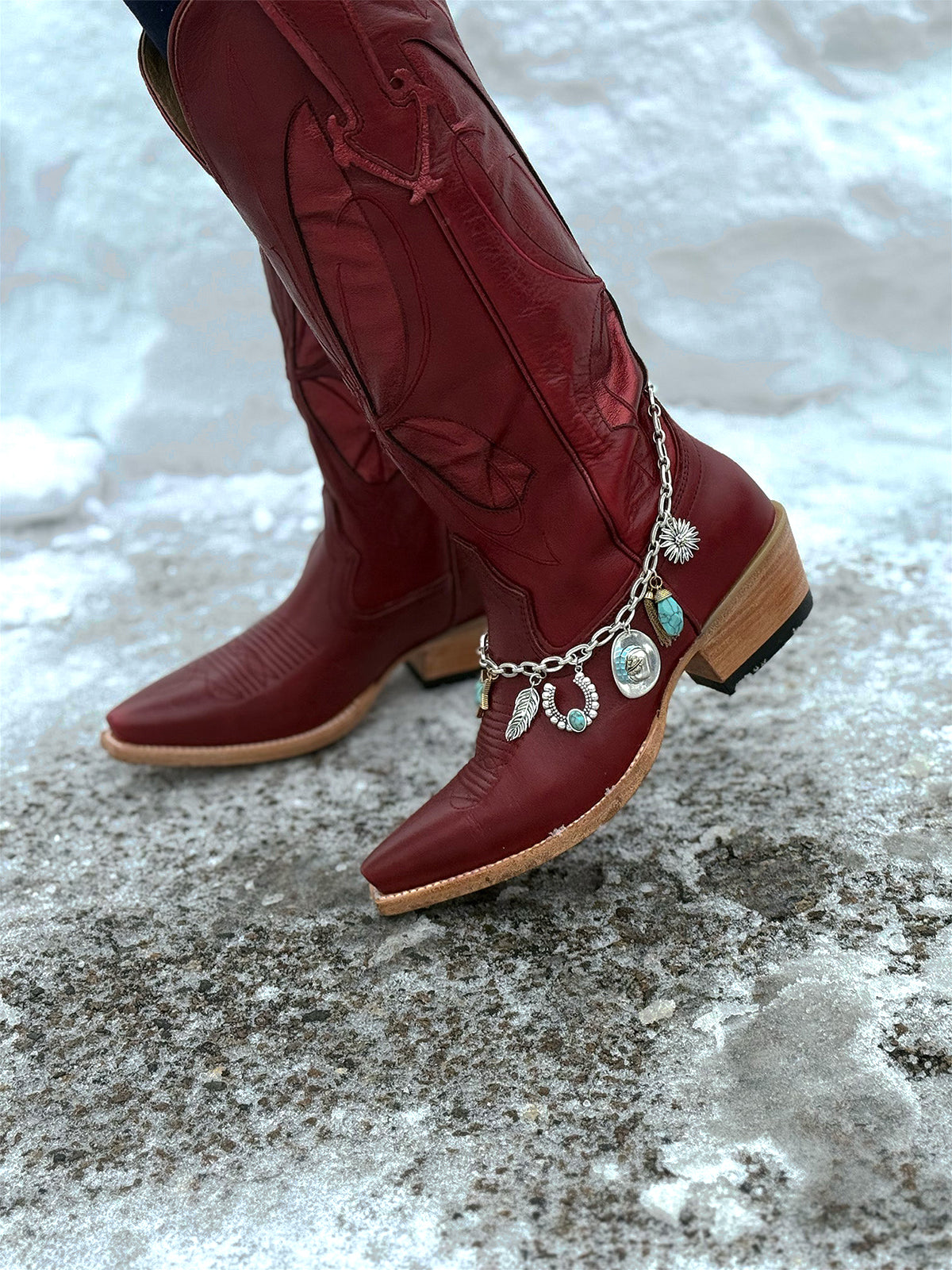 Red Snip-Toe Metallic Butterfly Inlay Wide Calf Knee High Cowgirl Boots