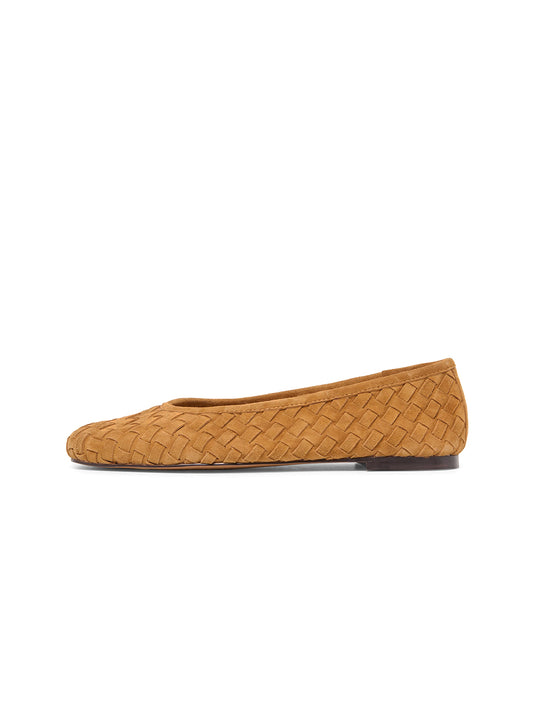 Tan Woven Faux Suede Square-Toe Slip-On Ballet Flats