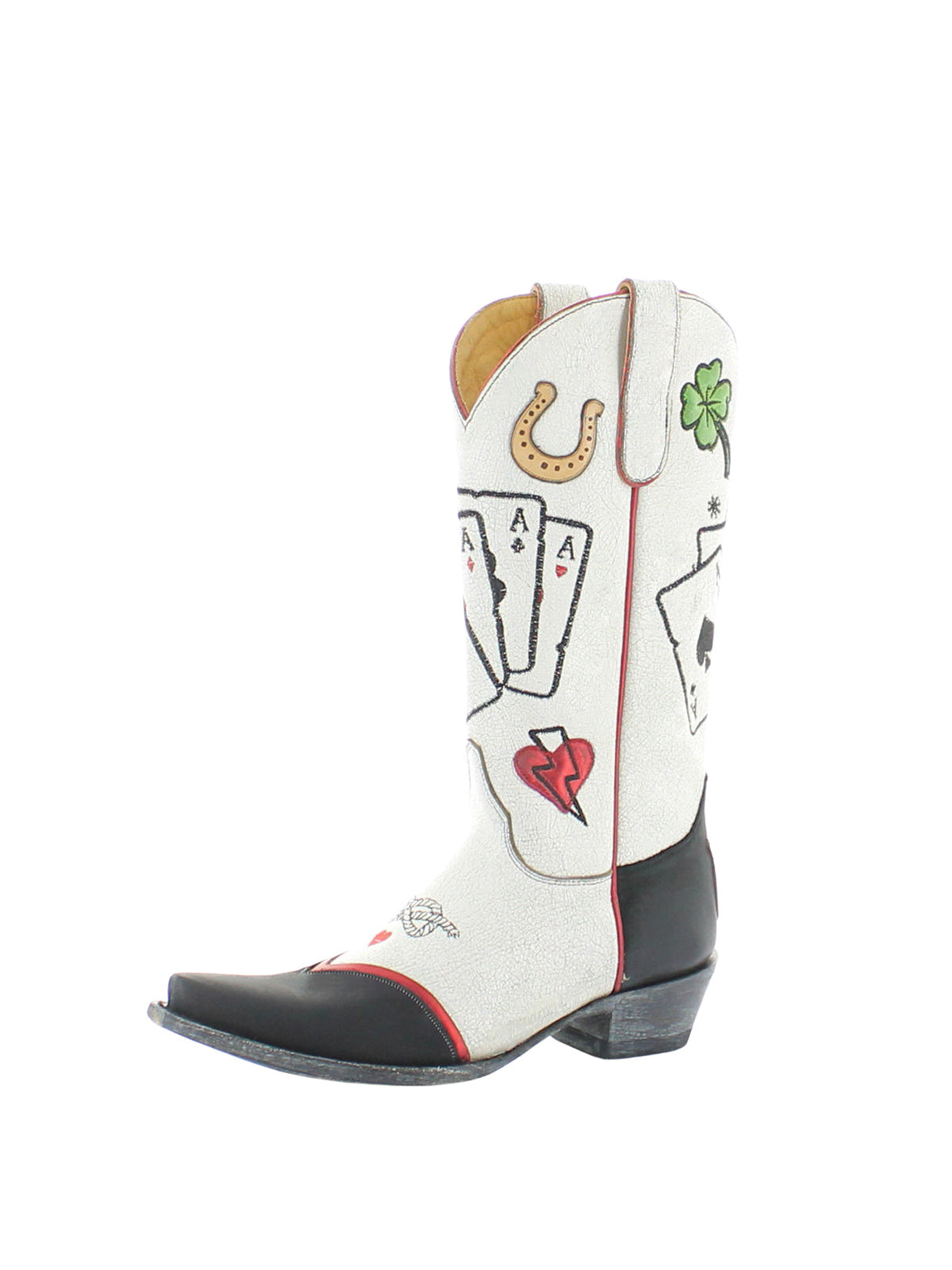 Каубойски ботуши до средата на прасеца с бродерия и апликация с бродерия в черно и бяло с изрязани пръсти