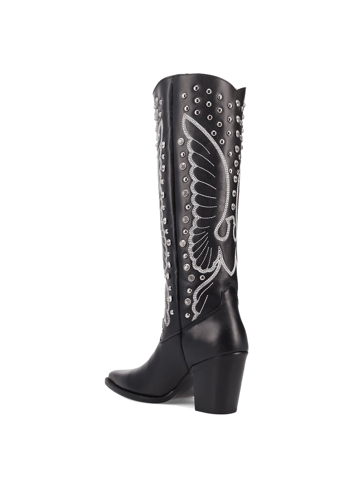 Black Snip-Toe Big Bird Embroidery And Studs Wide Calf Knee High Cowgirl Boots