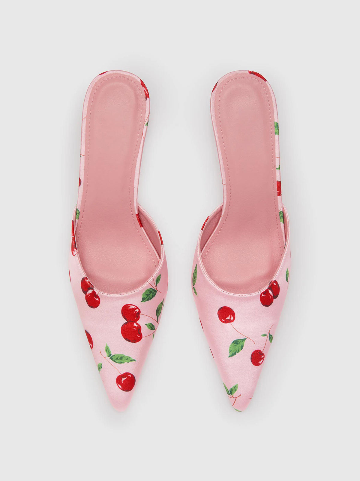 Pink Satin Pointed-Toe Cherry Pattern Slip-On High Heels