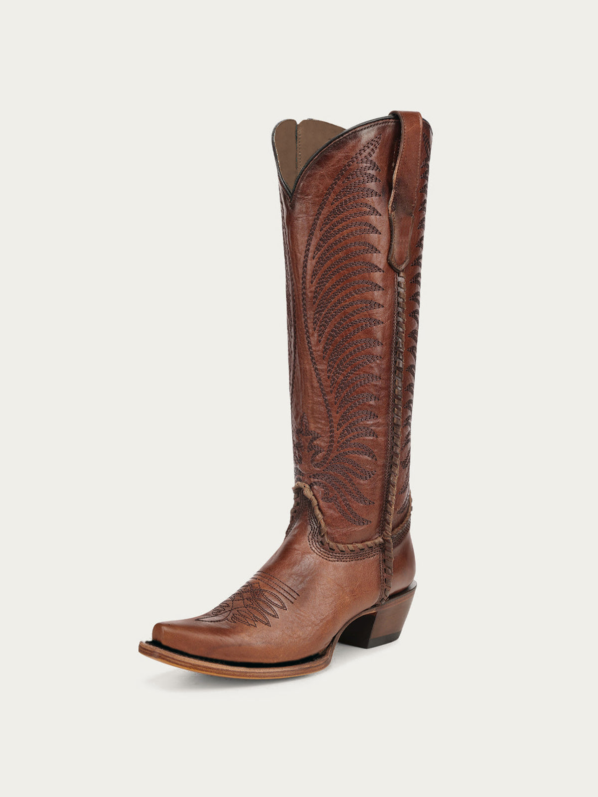 Chic Wings Embroidery Snip-Toe Full-Zip Knee High Cowgirl Boots - Honey