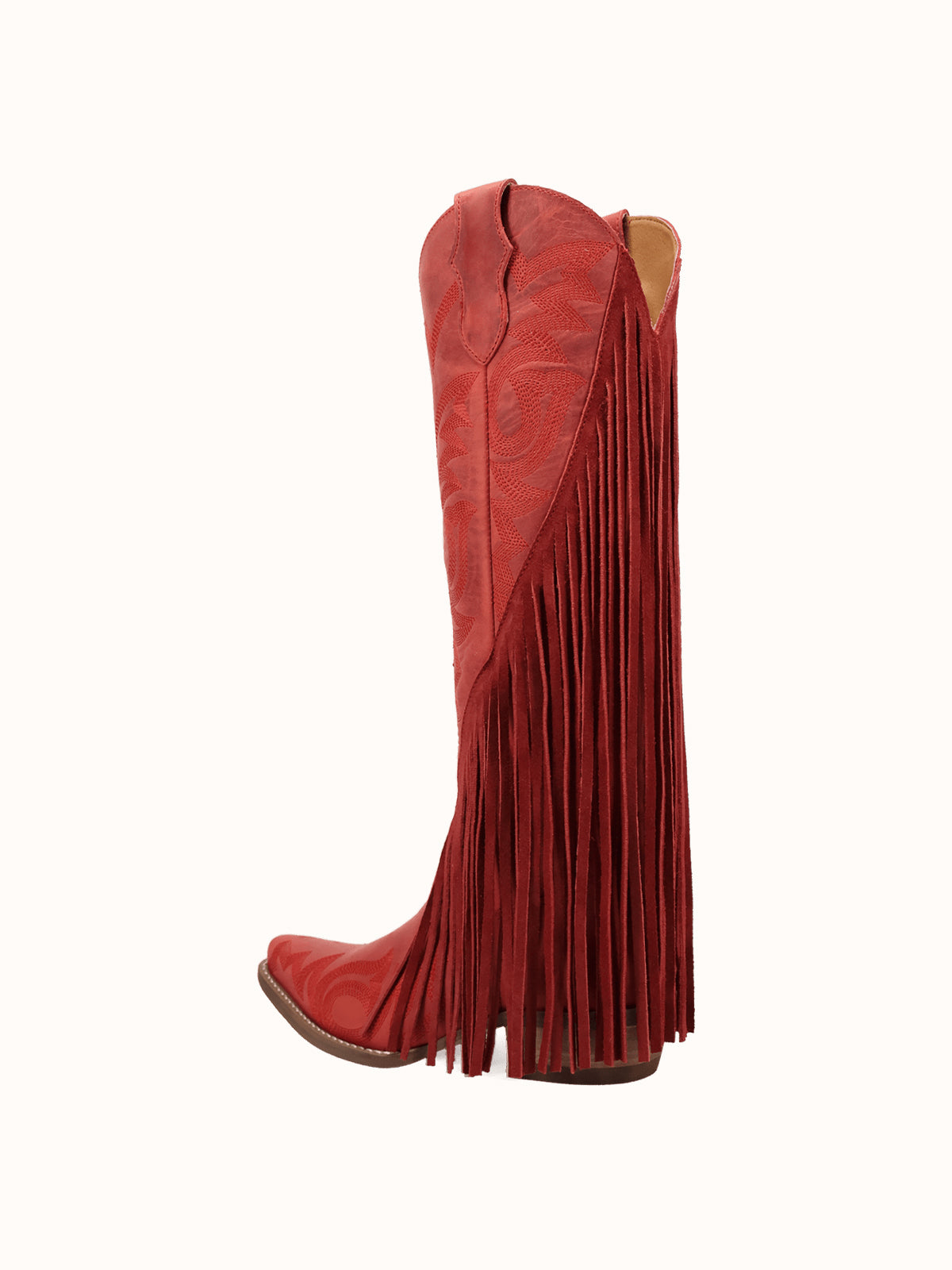 Red Snip-Toe Faux Suede Side Fringe Embroidery Wide Calf Knee High Cowgirl Boots