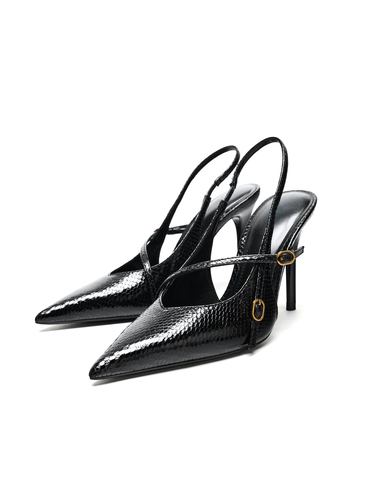 Black Snakeskin Print Pointed-Toe Side Buckle And Slingback High Heels