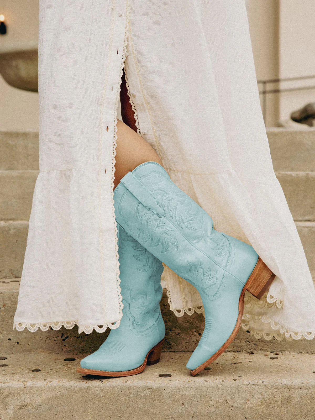 Sky Blue Snip-Toe Embroidery Wide Calf Knee High Cowgirl Boots