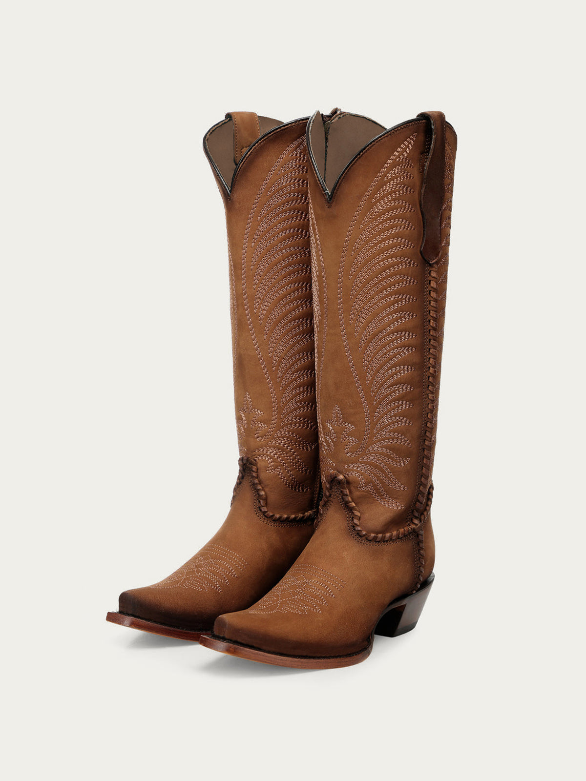 Chic Wings Embroidery Snip-Toe Full-Zip Knee High Cowgirl Boots - Tan