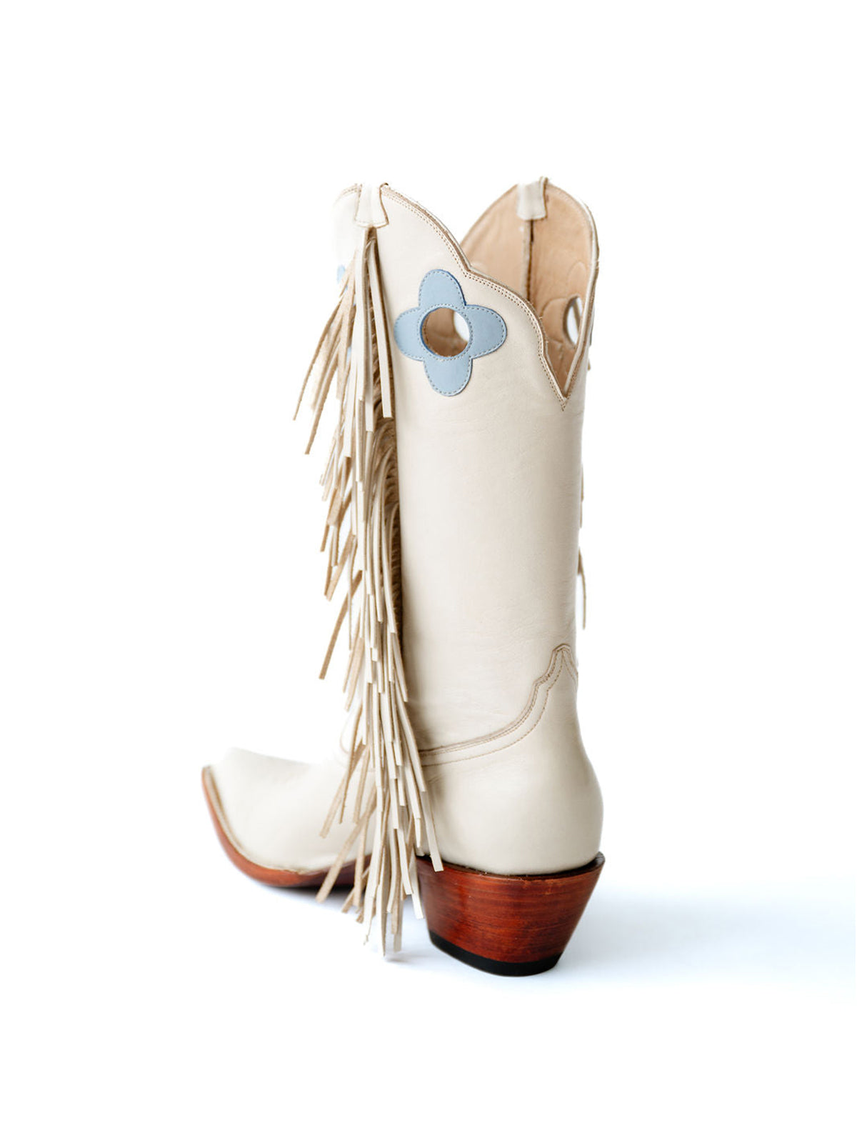 Bone Pointed-Toe Side Fringes And Cutout Mid Calf Cowgirl Boots