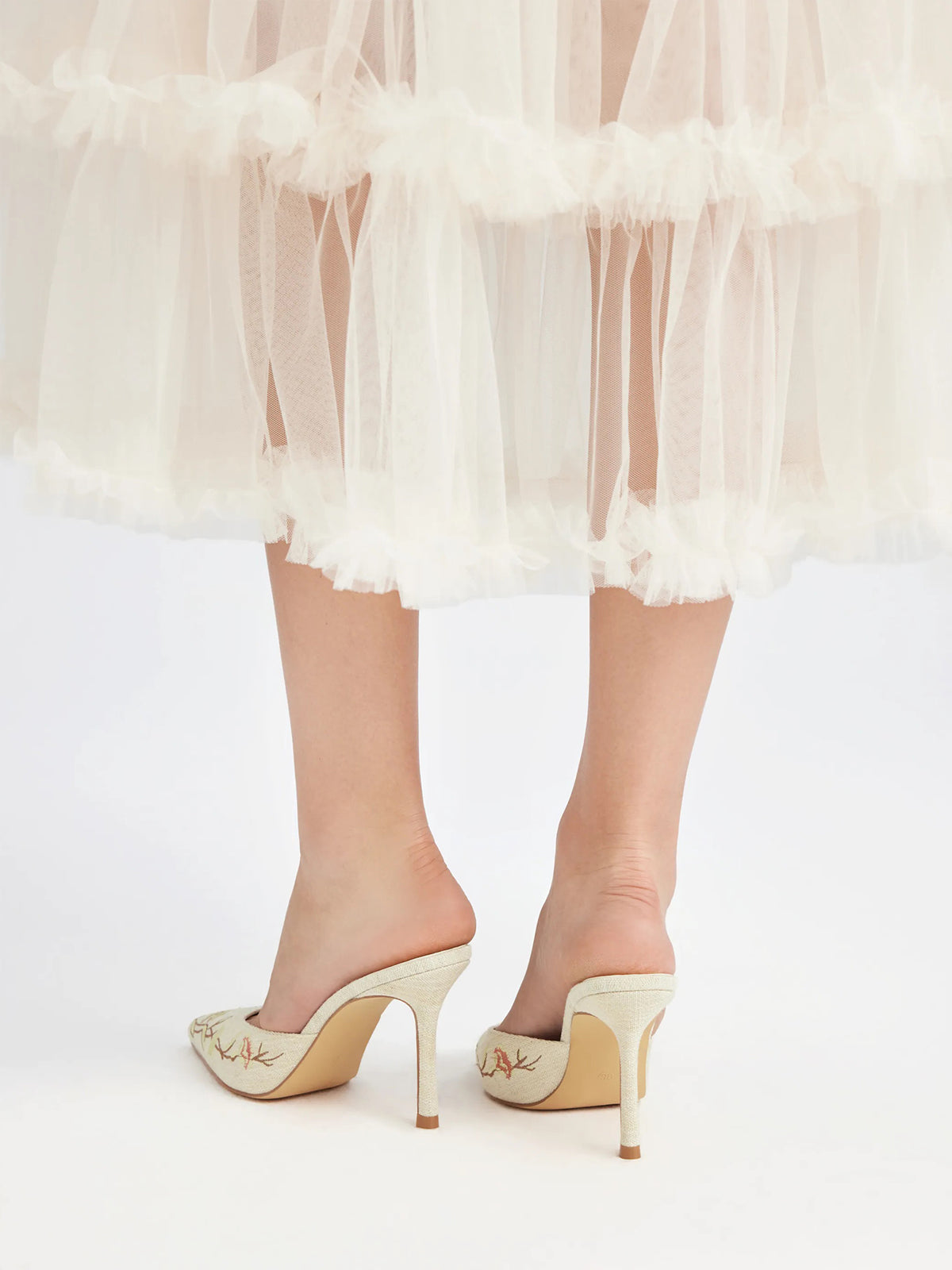 Beige Woven Canvas Pointed-Toe Flower Embroidery Slip-On High Heels