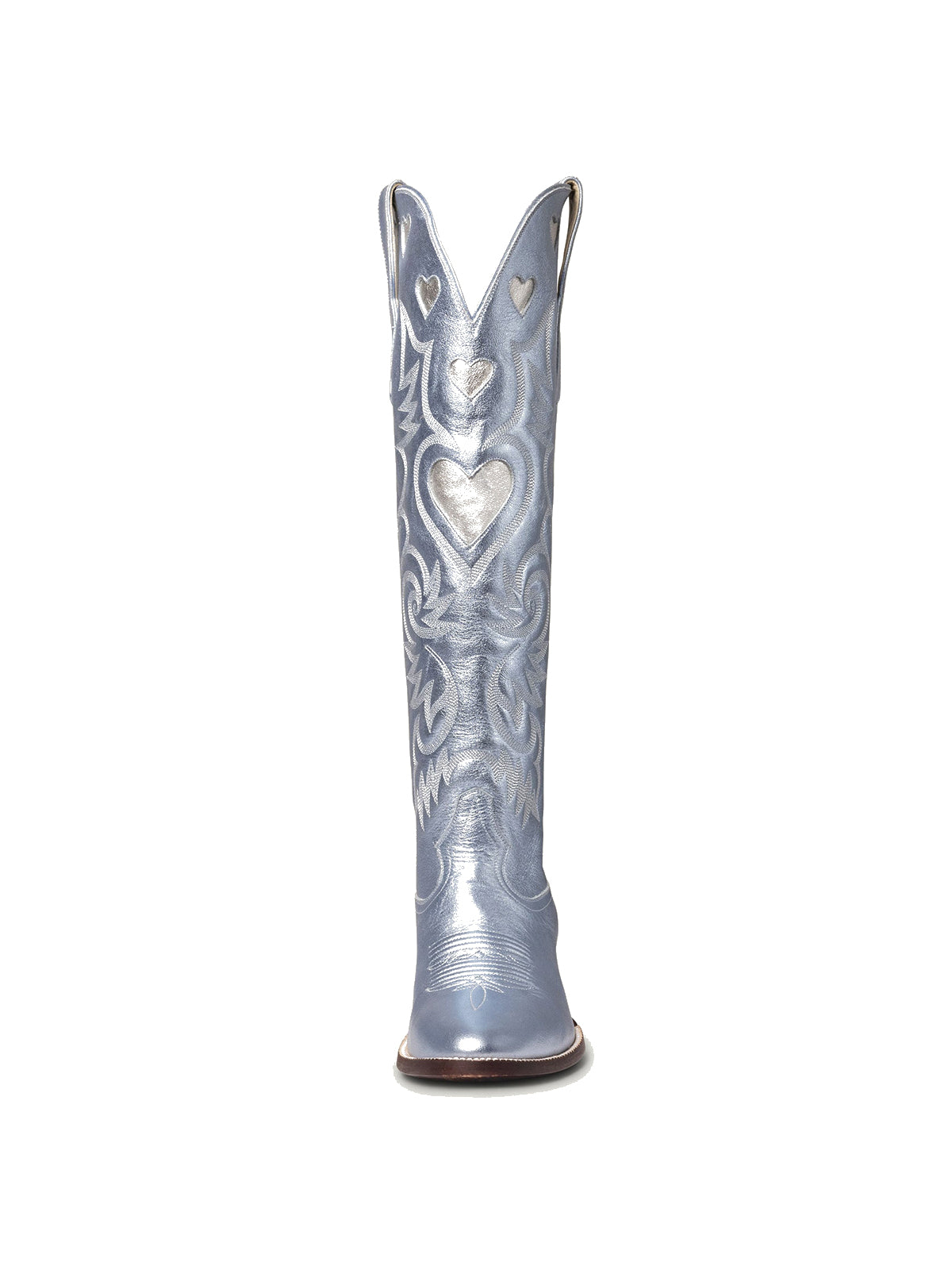 Metallic Blue Round-Toe Chic Hearts Inlay Wide Calf Knee High Cowgirl Boots