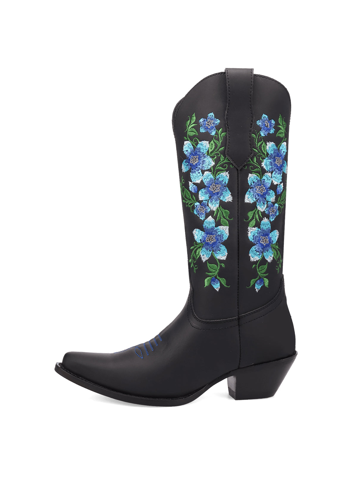 Black Snip-Toe Pink Florals Embroidery Chic Mid Calf Cowgirl Boots