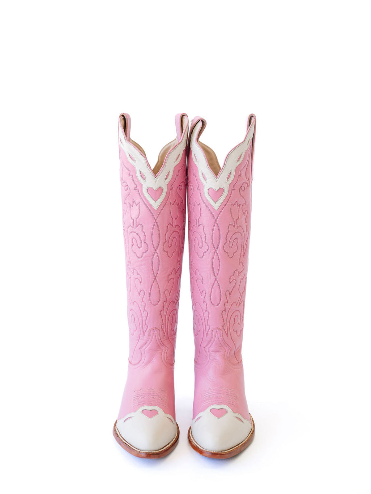 Contrast Pink And Ivory Almond-Toe Embroidery Hearts Inlay Wide Calf Knee High Cowgirl Boots