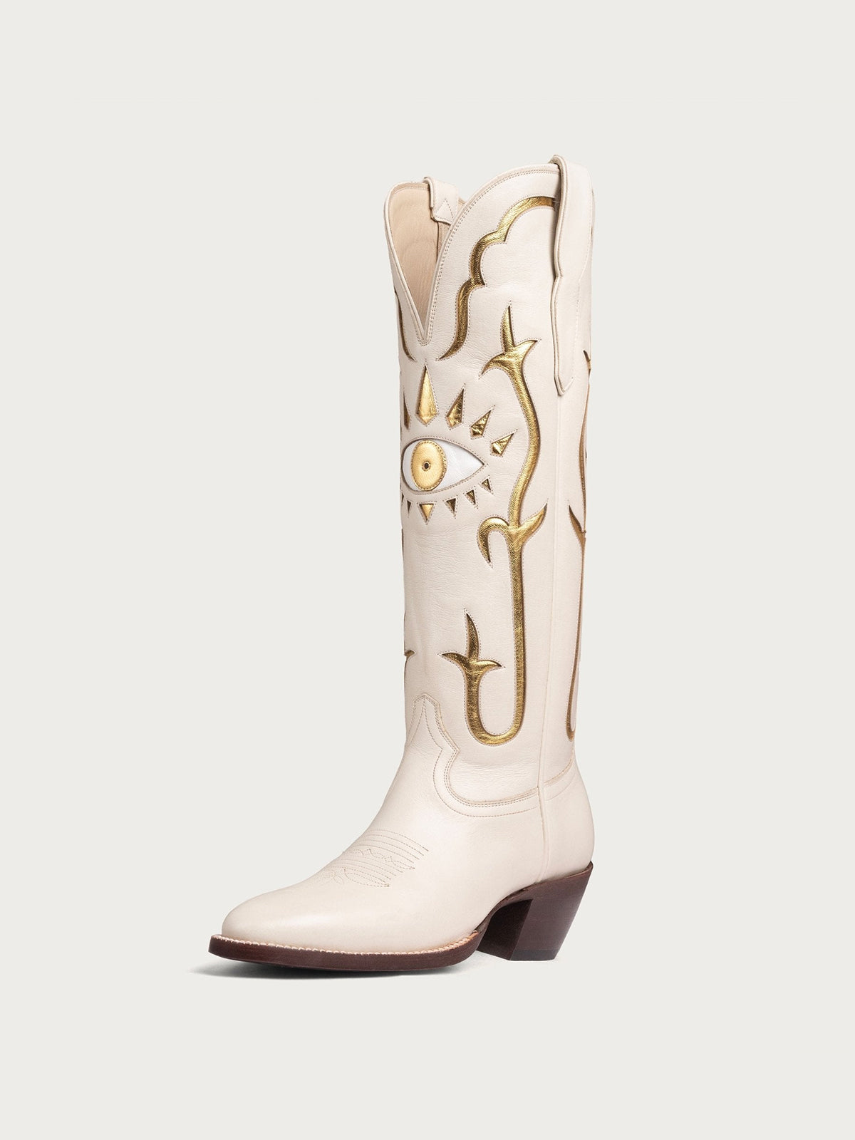 Bone Almond-Toe Gold Evil Eye Inlay Wide Calf Knee High Western Cowgirl Boots