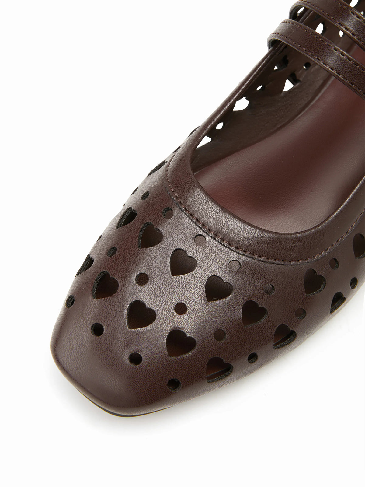 Coffee Square-Toe Heart Cutout Double Mary Jane Flats