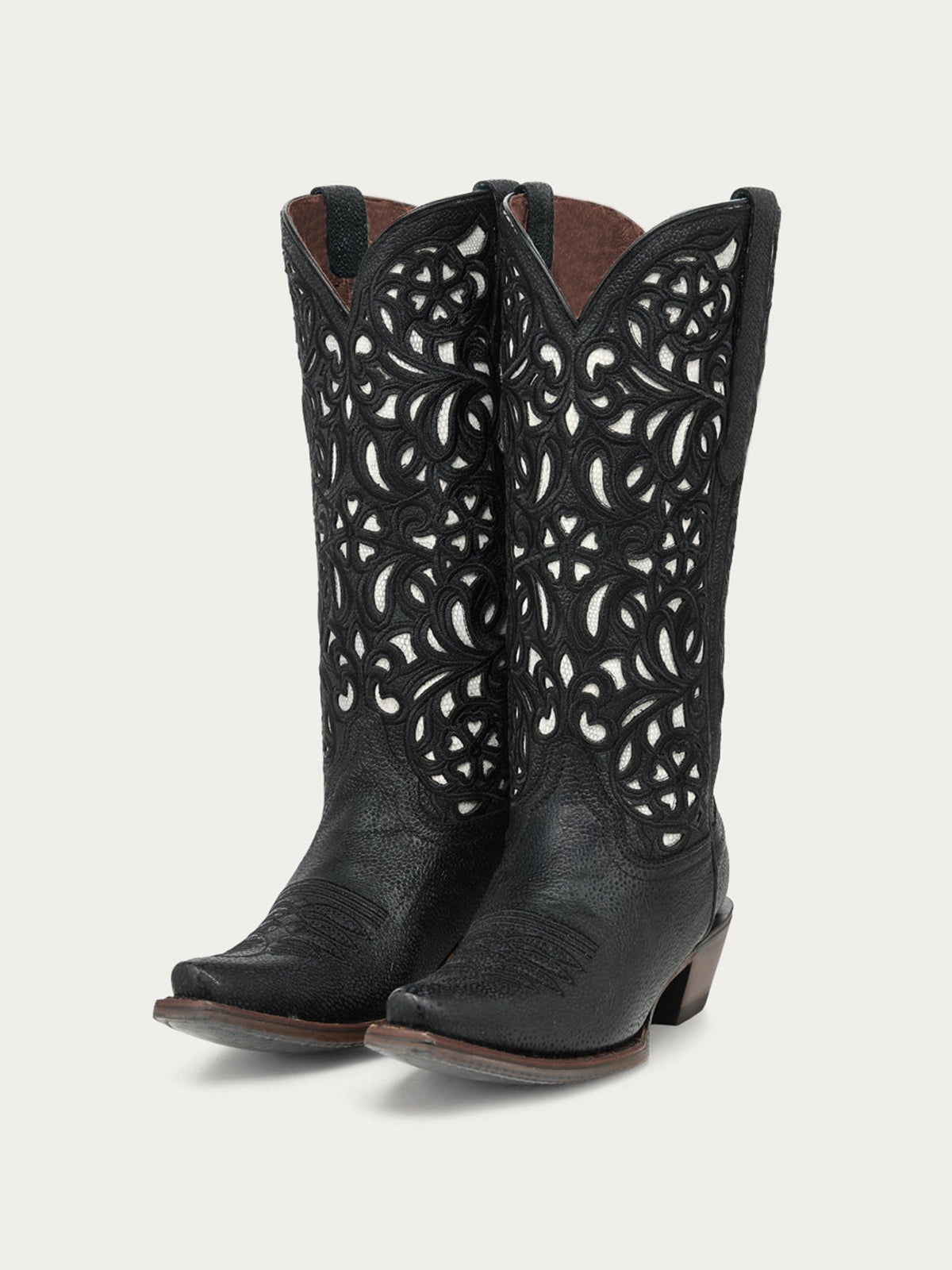 Black Snip-Toe Inlay And Floral Embroidery Chic Mid Calf Cowgirl Boots