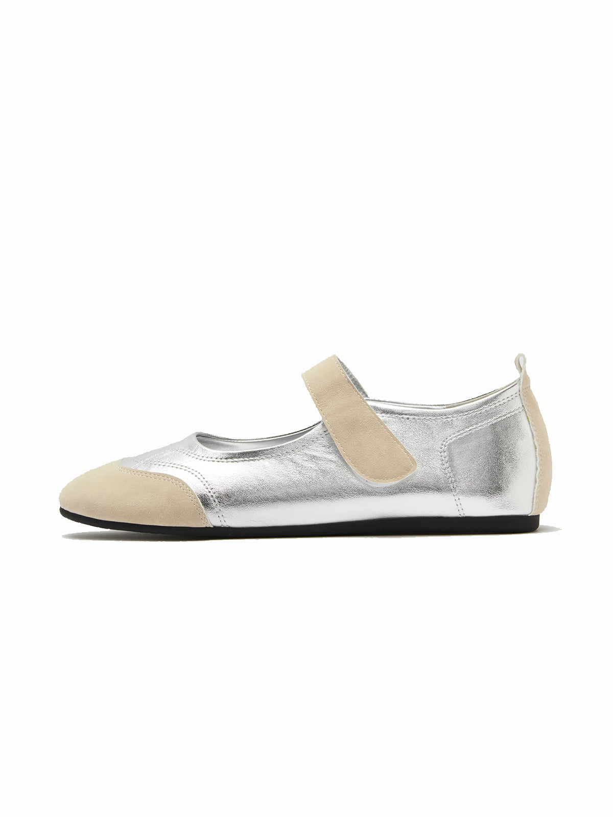 Beige And Silver Round-Toe Chic Mary Jane Classic Flats