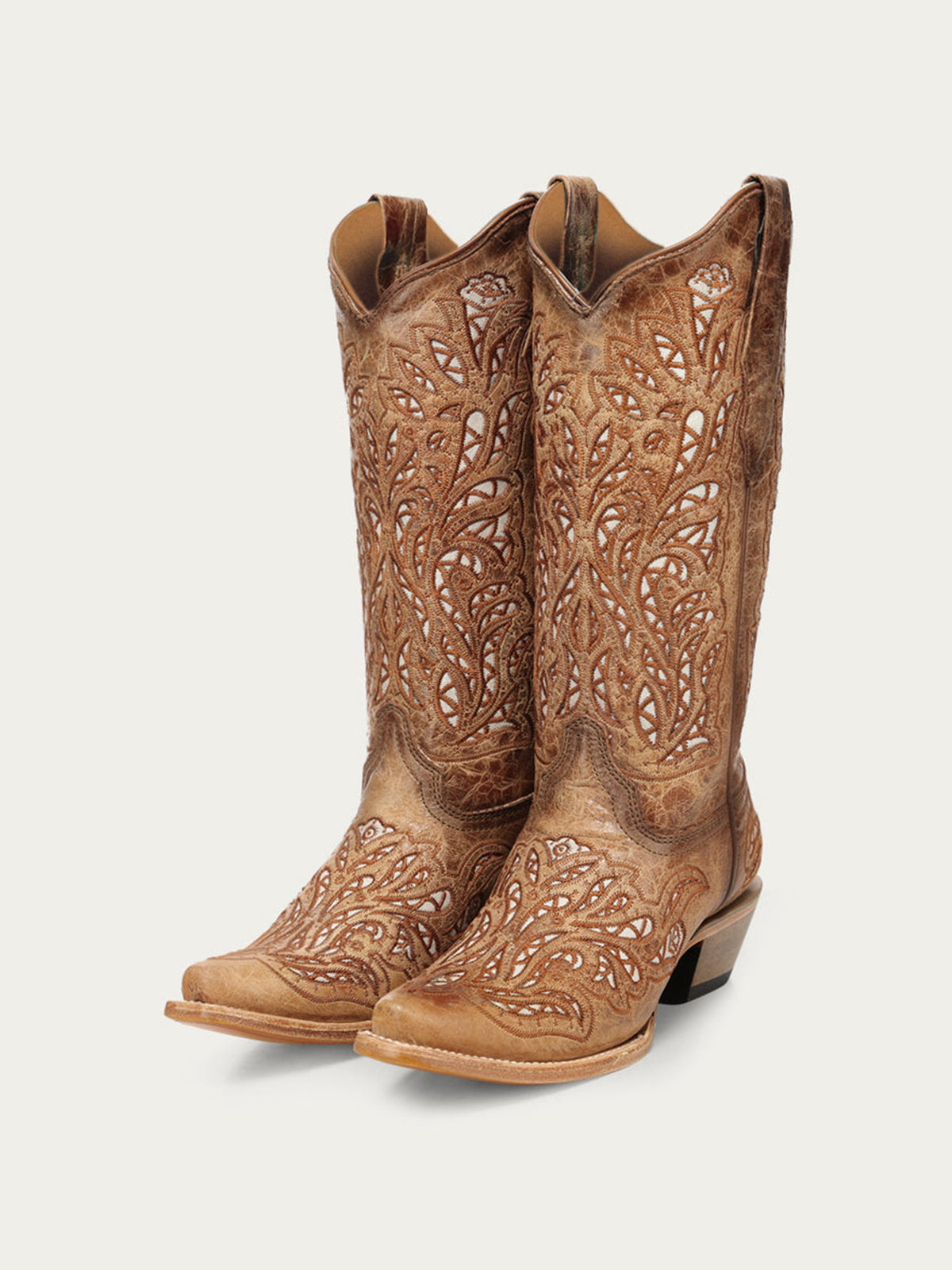 Distressed Brown Snip-Toe Glitter Inlay And Embroidery Mid Calf Cowgirl Boots