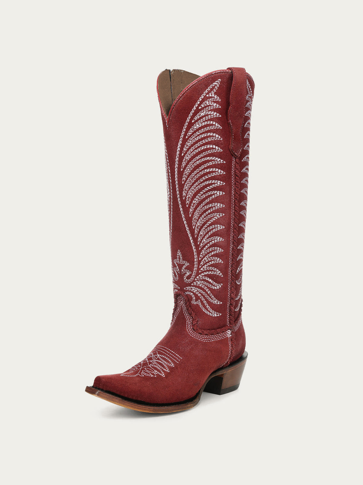 Chic Wings Embroidery Snip-Toe Full-Zip Knee High Cowgirl Boots - Wine Red