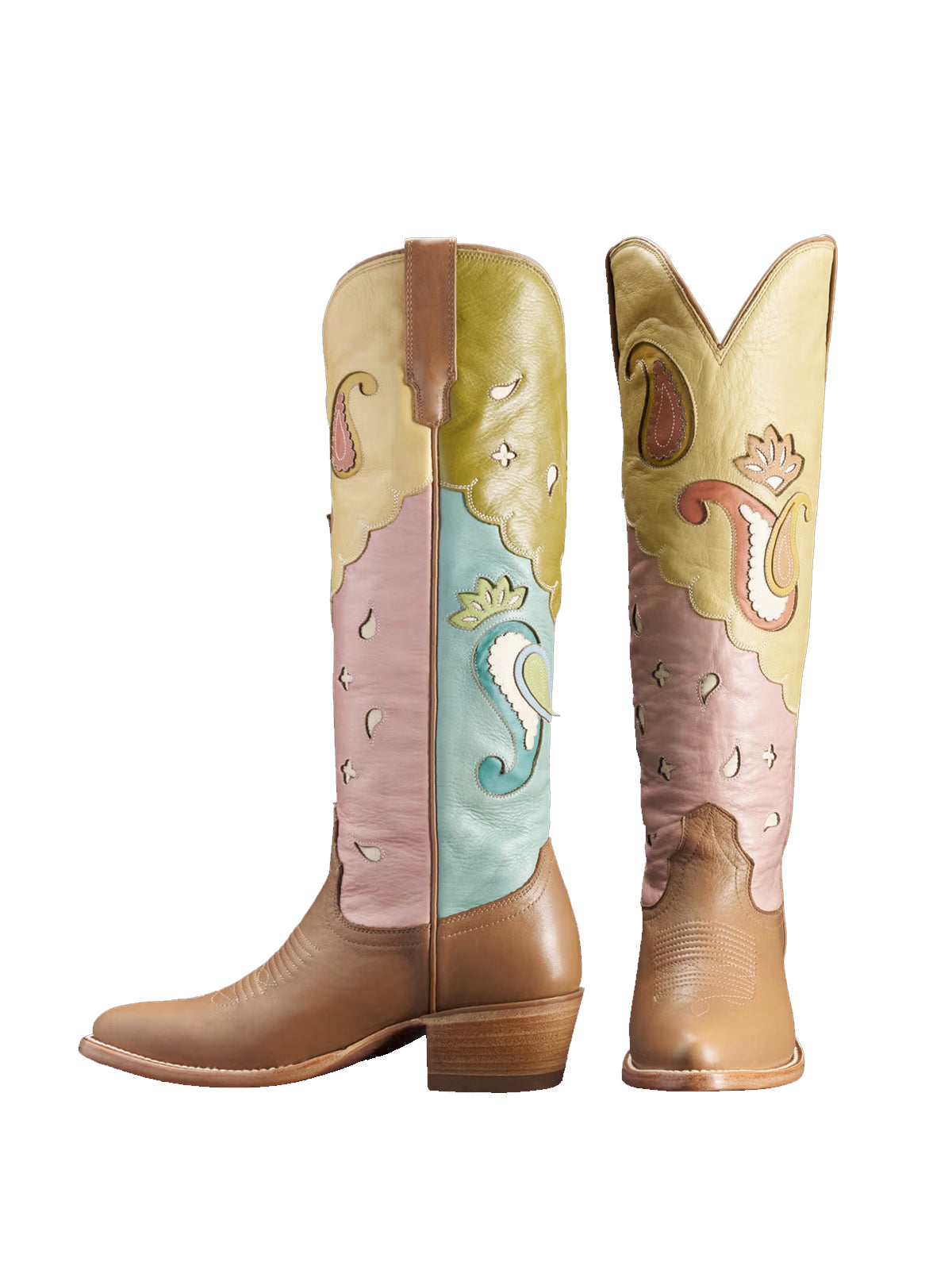 Contrast Multi-Color Almond-Toe Delicate Inlays Wide Calf Knee High Cowgirl Boots
