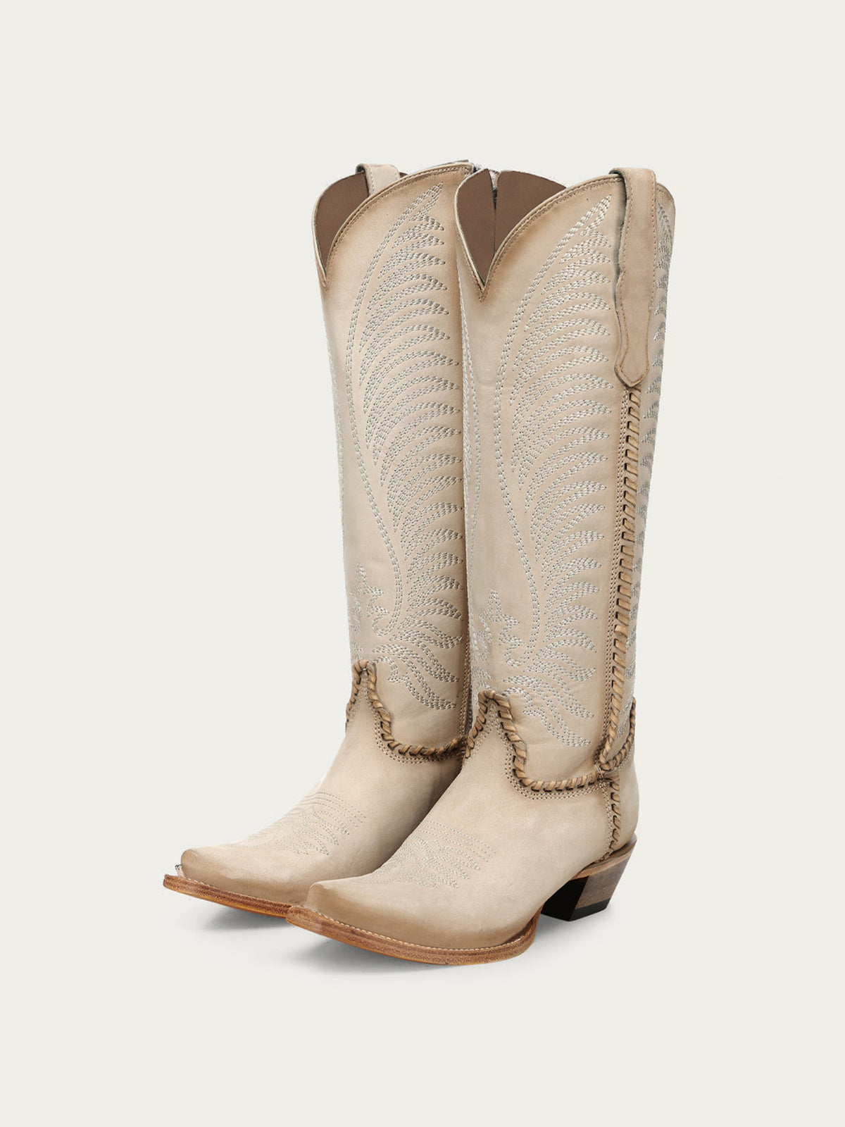 Chic Wings Embroidery Snip-Toe Full-Zip Knee High Cowgirl Boots - Bone